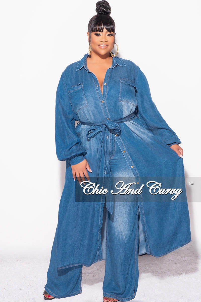 Lightweight Construction Body Shape Final Sale Plus Size 2pc Trench Jacket and Pants Set in Denim