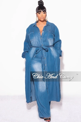 Final Sale Plus Size 2pc Trench Jacket and Pants Set in Denim Recycled Polyester Day Wear