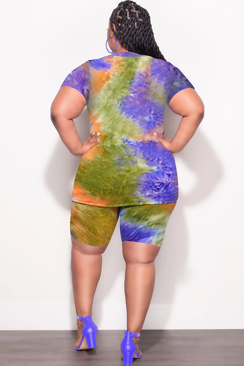 NonRestrictiveCut Ergonomic Cut Final Sale Plus Size 2pc V Neck Biker Shorts Set in Purple Olive & Orange Tie Dye Print