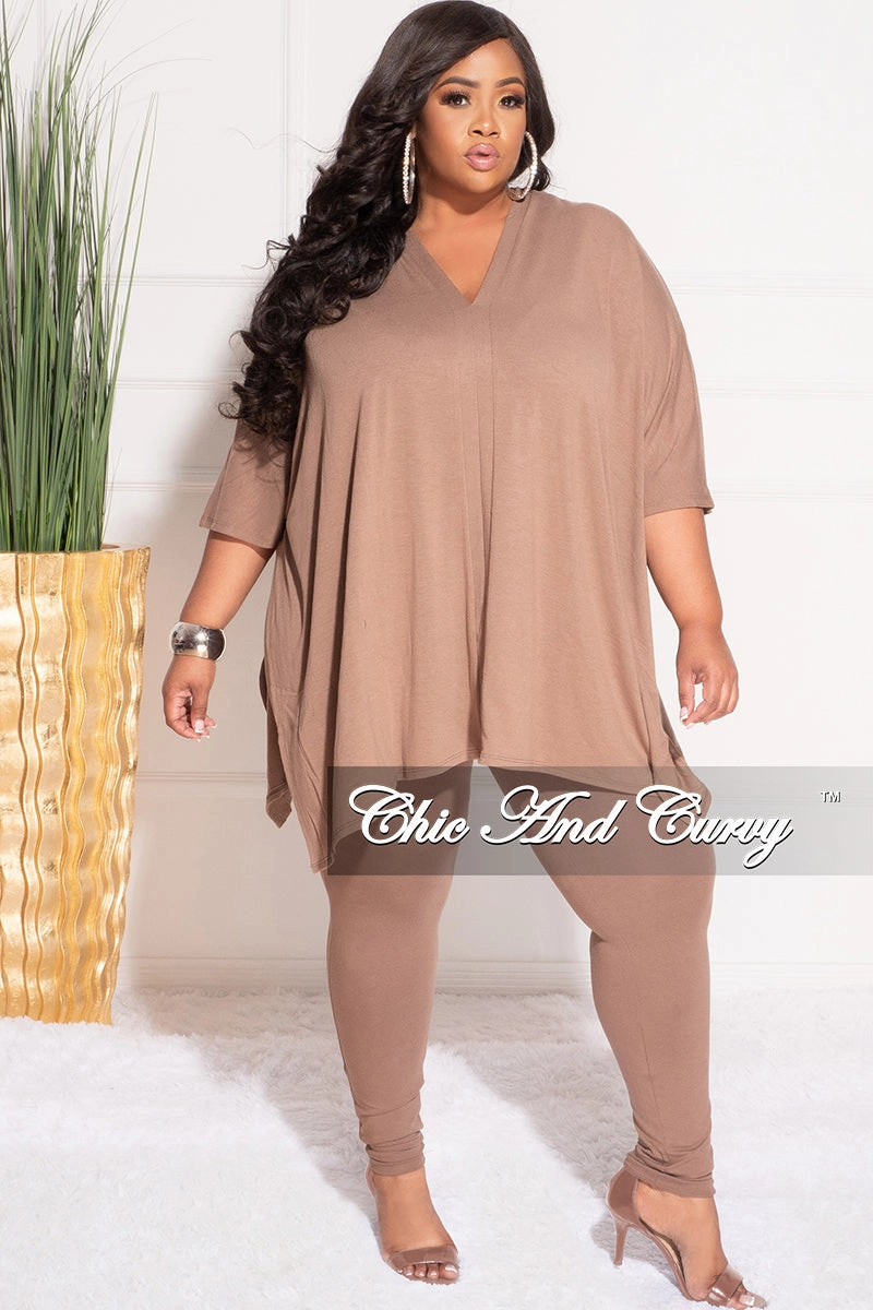 Final Sale Plus Size 2pc V Neck Tunic Top and Matching Legging Set in Brown Quick Wear Fit Layer-Friendly Fit