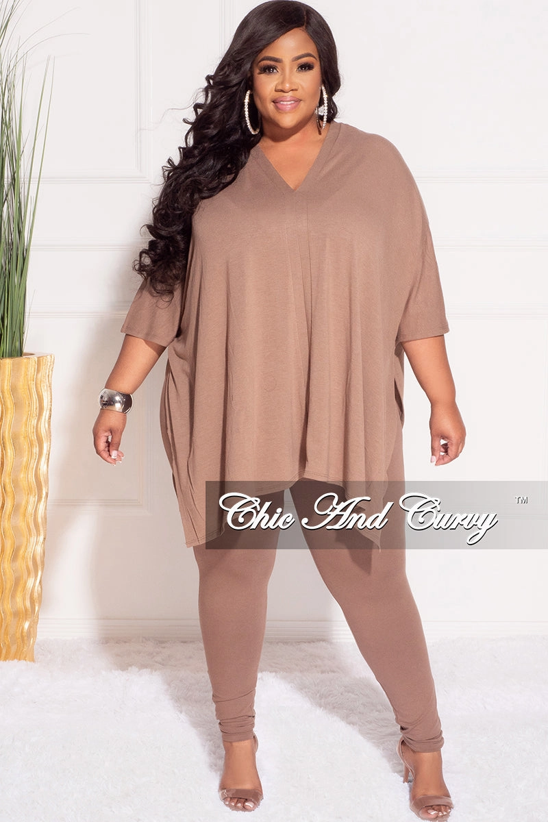 Stylish Appearance Relaxed Lines Final Sale Plus Size 2pc V Neck Tunic Top and Matching Legging Set in Brown