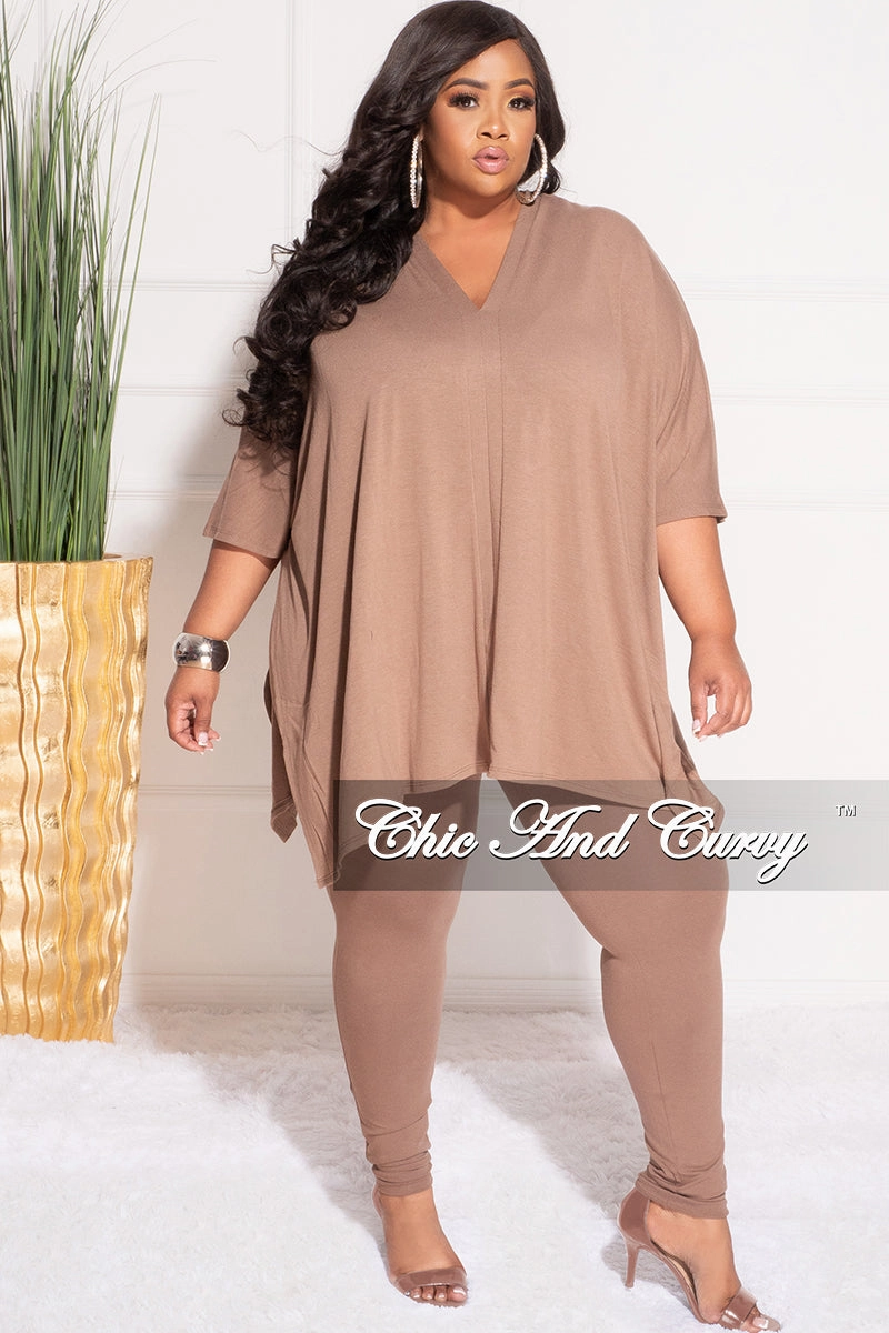 Side Pockets Final Sale Plus Size 2pc V Neck Tunic Top and Matching Legging Set in Brown