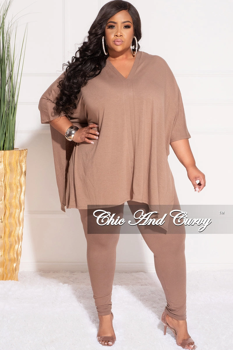 Light Wear Fit Sleek Comfort Final Sale Plus Size 2pc V Neck Tunic Top and Matching Legging Set in Brown