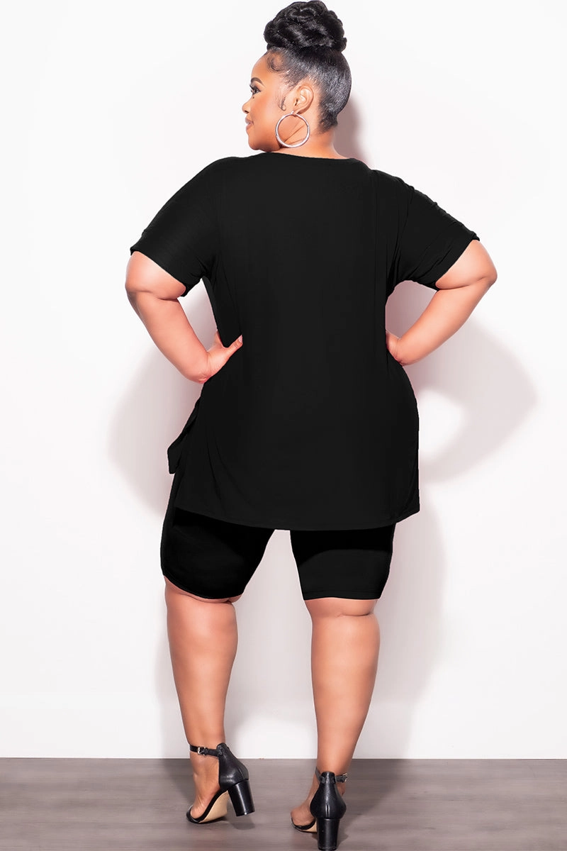 Comfort Layer Wear Final Sale Plus Size 2pc V-Neck Tunic Top and Matching Shorts Set in Black