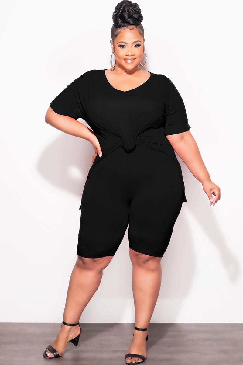 Final Sale Plus Size 2pc V-Neck Tunic Top and Matching Shorts Set in Black Tough Flex ReflectiveAccentDetails