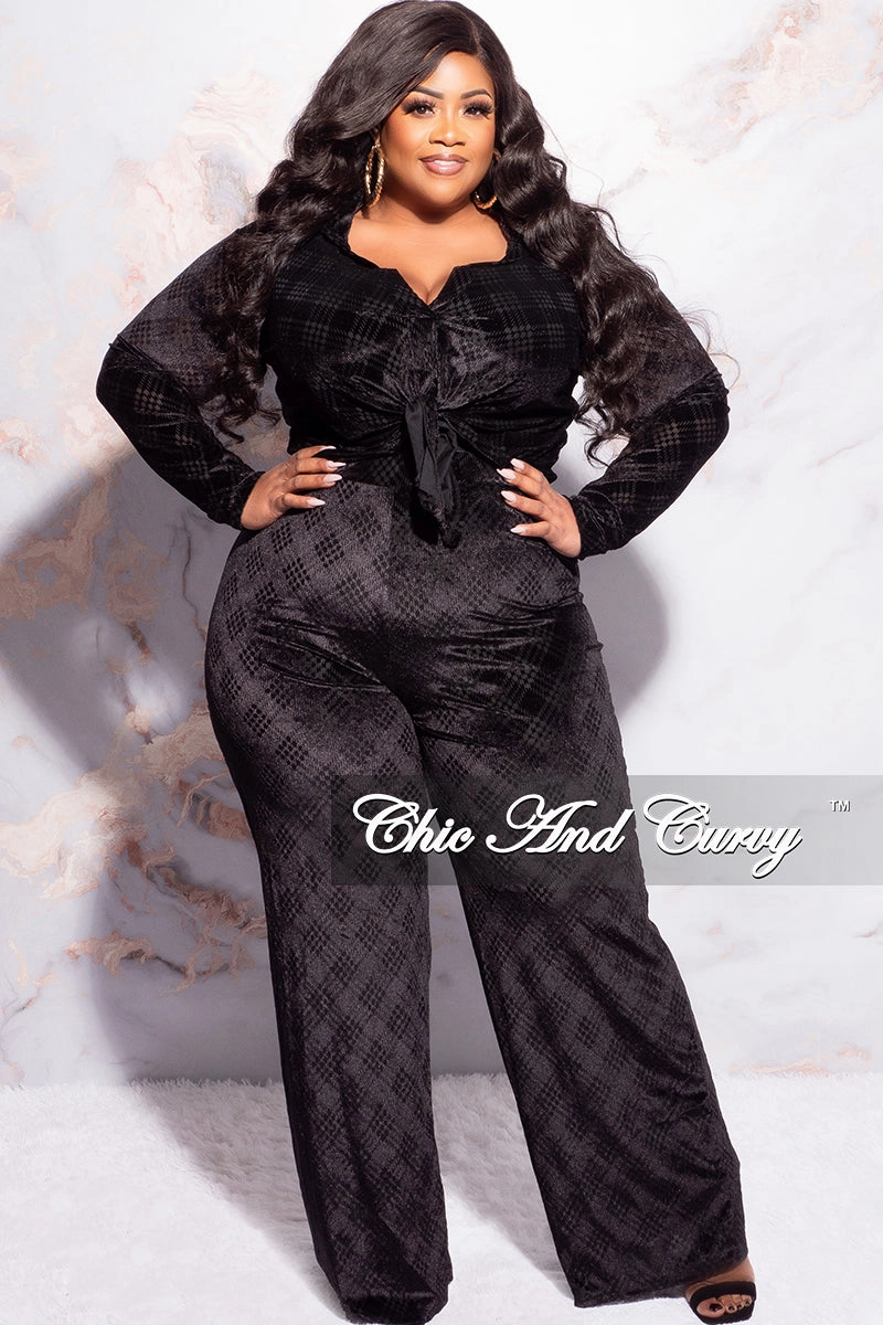 Final Sale Plus Size 2pc Velvet Crop Top and Pants Set in Black Flexible Design AntiSlipWaistband
