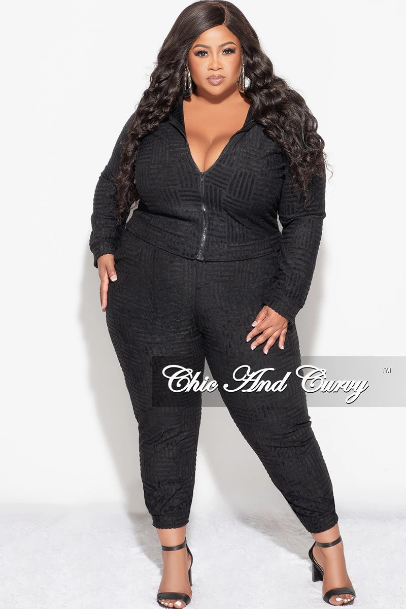 Final Sale Plus Size 2pc Velvet Hooded Zip-Up Jacket and Pants Set in Black EasyCareFabric Stretch Ready