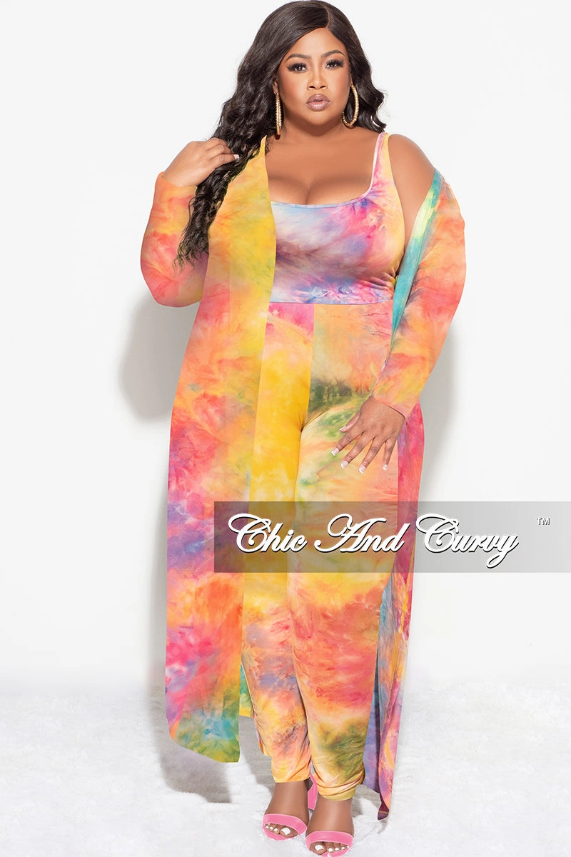 Seamless Waist Technology Flexible Movement Final Sale Plus Size 3-pc (Duster, Crop Tank Top & Pants) Set in Rainbow Sherbet Tie Dye