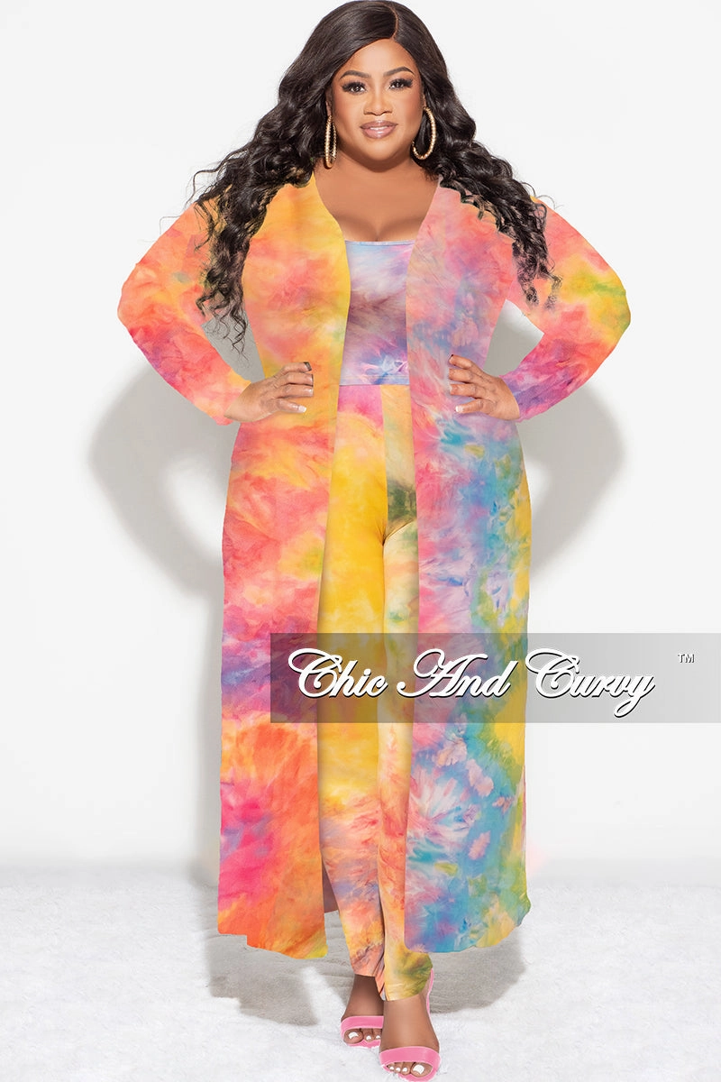 HighRiseWaist Final Sale Plus Size 3-pc (Duster, Crop Tank Top & Pants) Set in Rainbow Sherbet Tie Dye