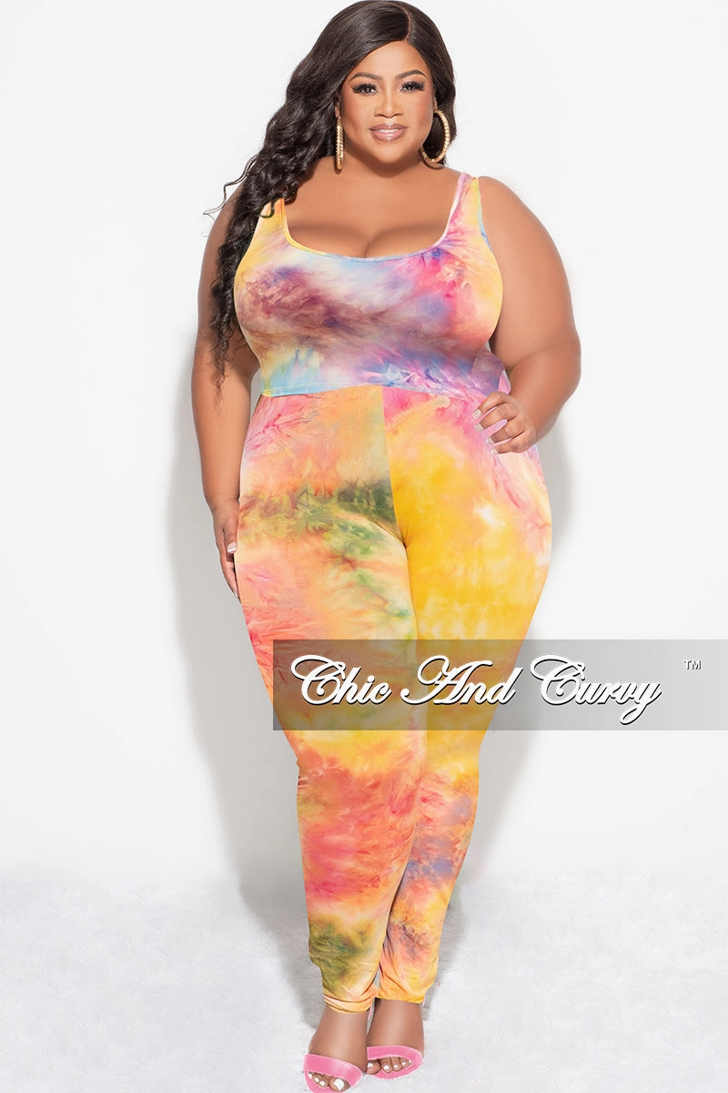 Flexible Leg All-Purpose Comfort Final Sale Plus Size 3-pc (Duster, Crop Tank Top & Pants) Set in Rainbow Sherbet Tie Dye