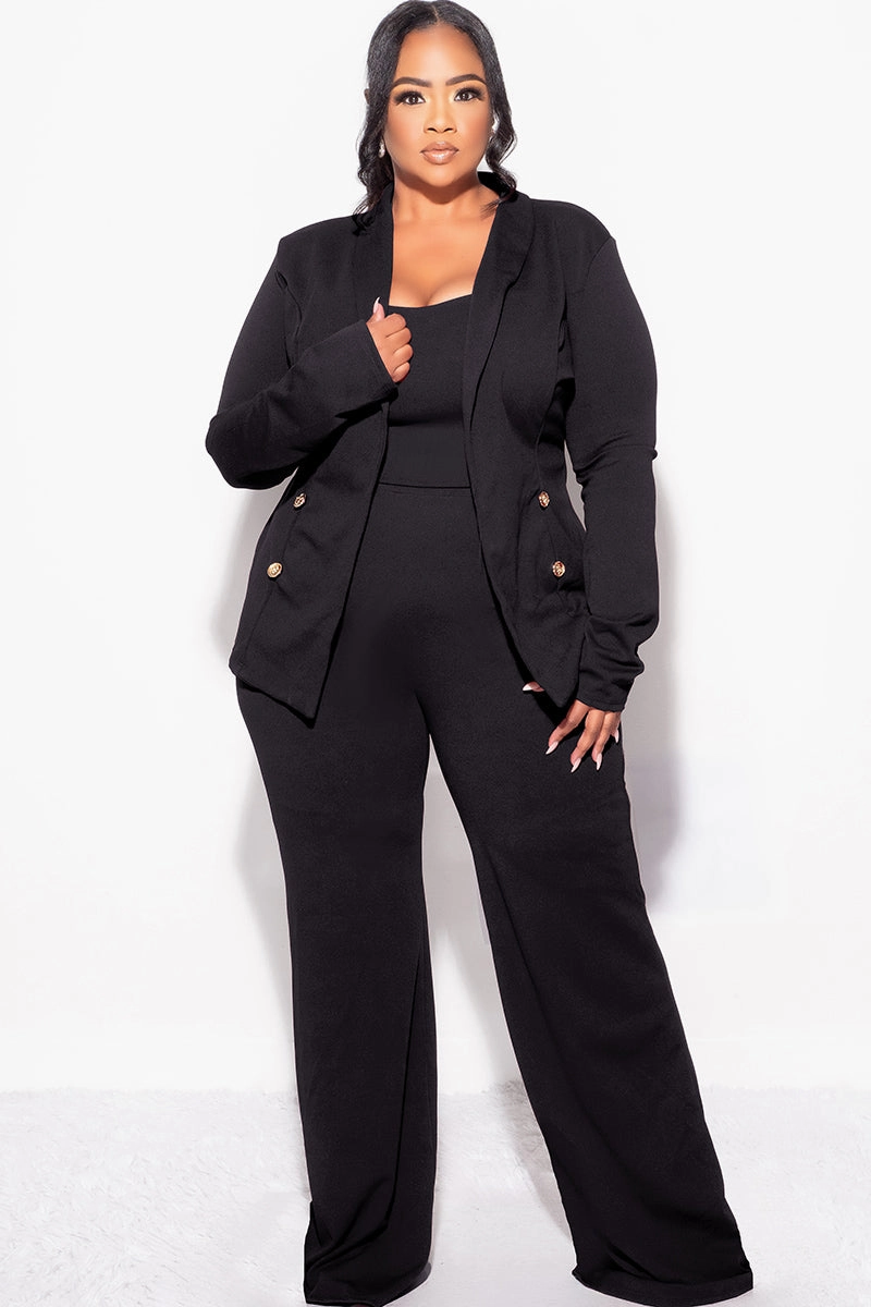 Final Sale Plus Size 3pc Blazer Top and Pants Set in Black Breathable Layer pilling resistant