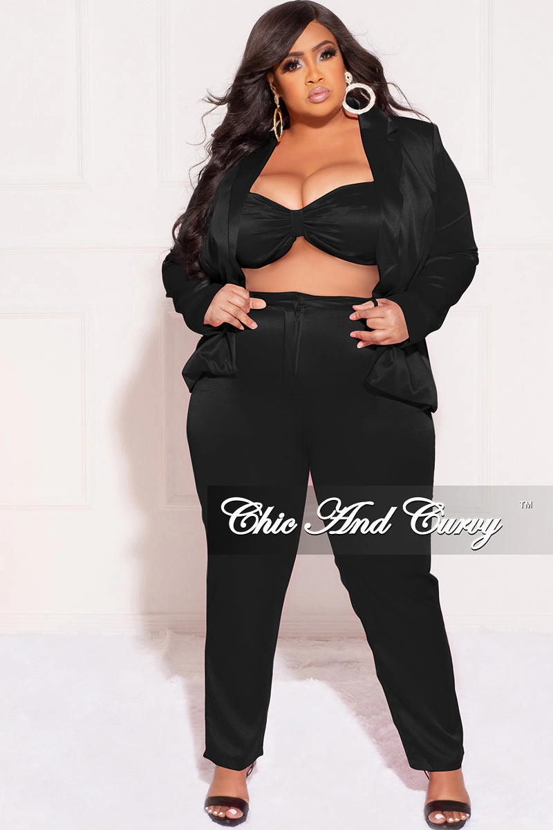 High Density Weave Final Sale Plus Size 3pc (Blazer, Tube Top & Pants) Set in Black