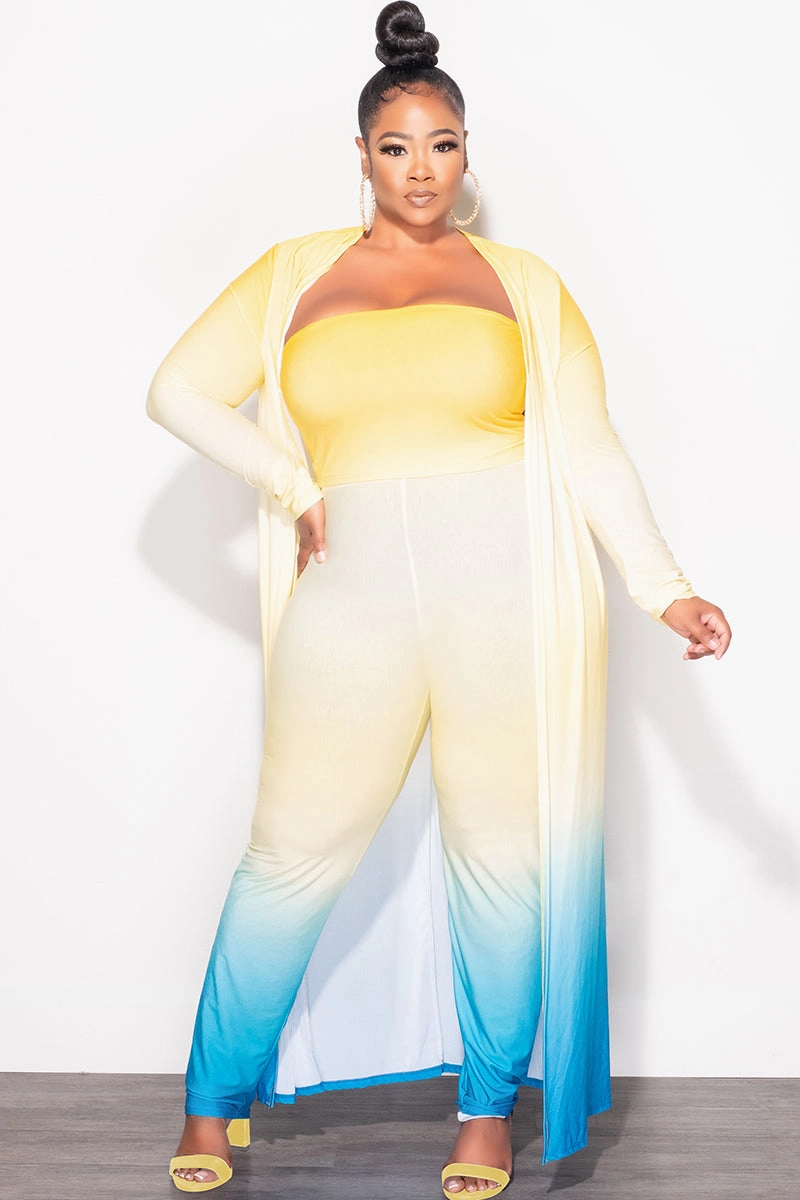 Final Sale Plus Size 3pc (Duster, Bandeau Top & Pants) Set in Yellow & Turquoise Ombre Reinforced Knees Everyday Comfort