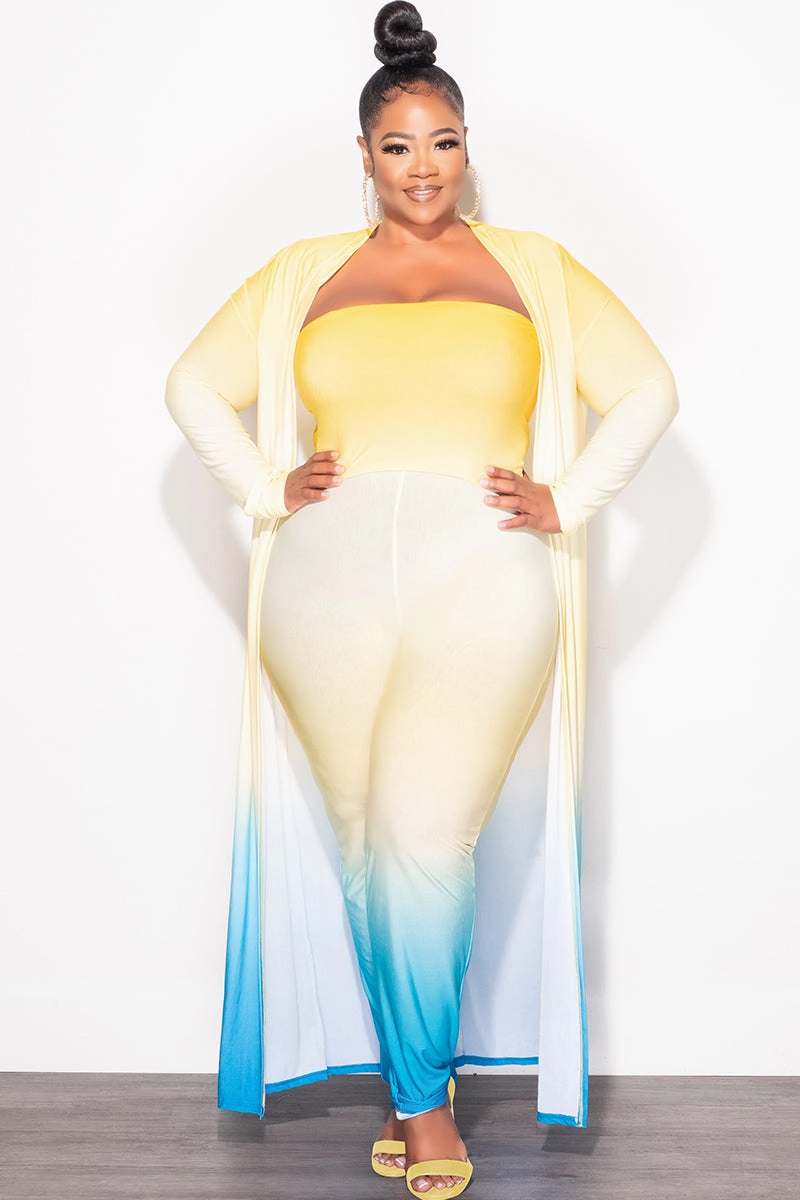 Final Sale Plus Size 3pc (Duster, Bandeau Top & Pants) Set in Yellow & Turquoise Ombre Quick Fit Design Loose Fit