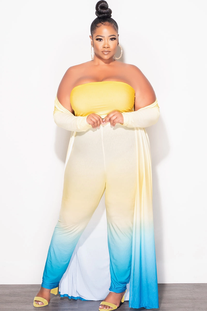 NonBindingWaistline Abrasion Resistant Material Final Sale Plus Size 3pc (Duster, Bandeau Top & Pants) Set in Yellow & Turquoise Ombre