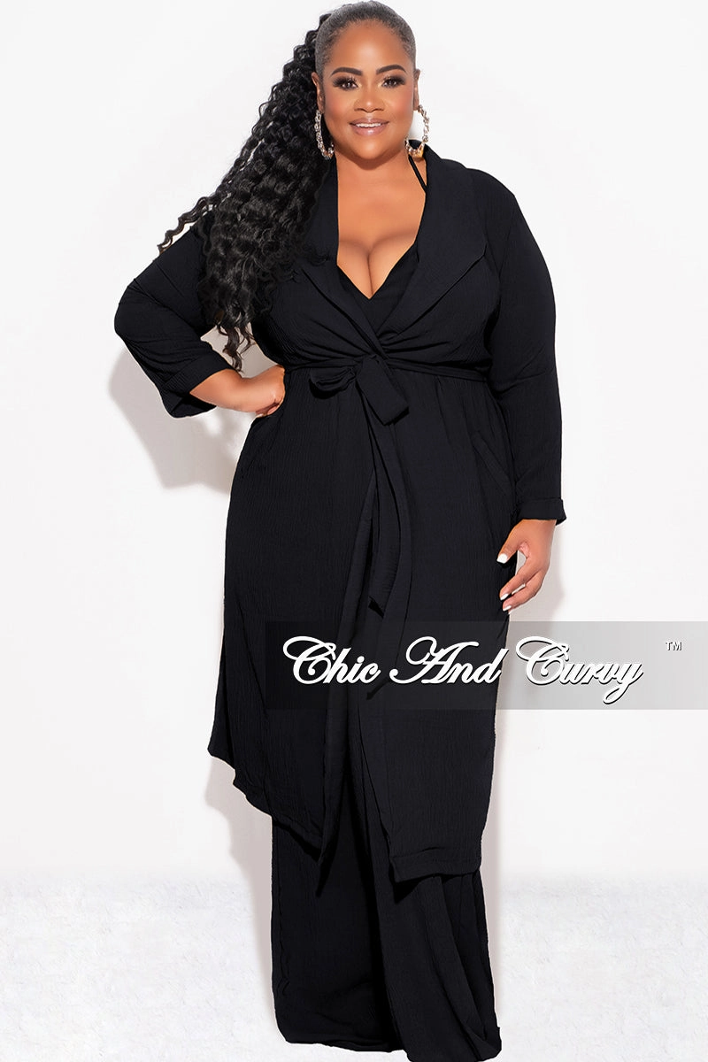 Final Sale Plus Size 3pc (Duster, Crop Self Tie Top & Pants) Set in Black Tapered ankle