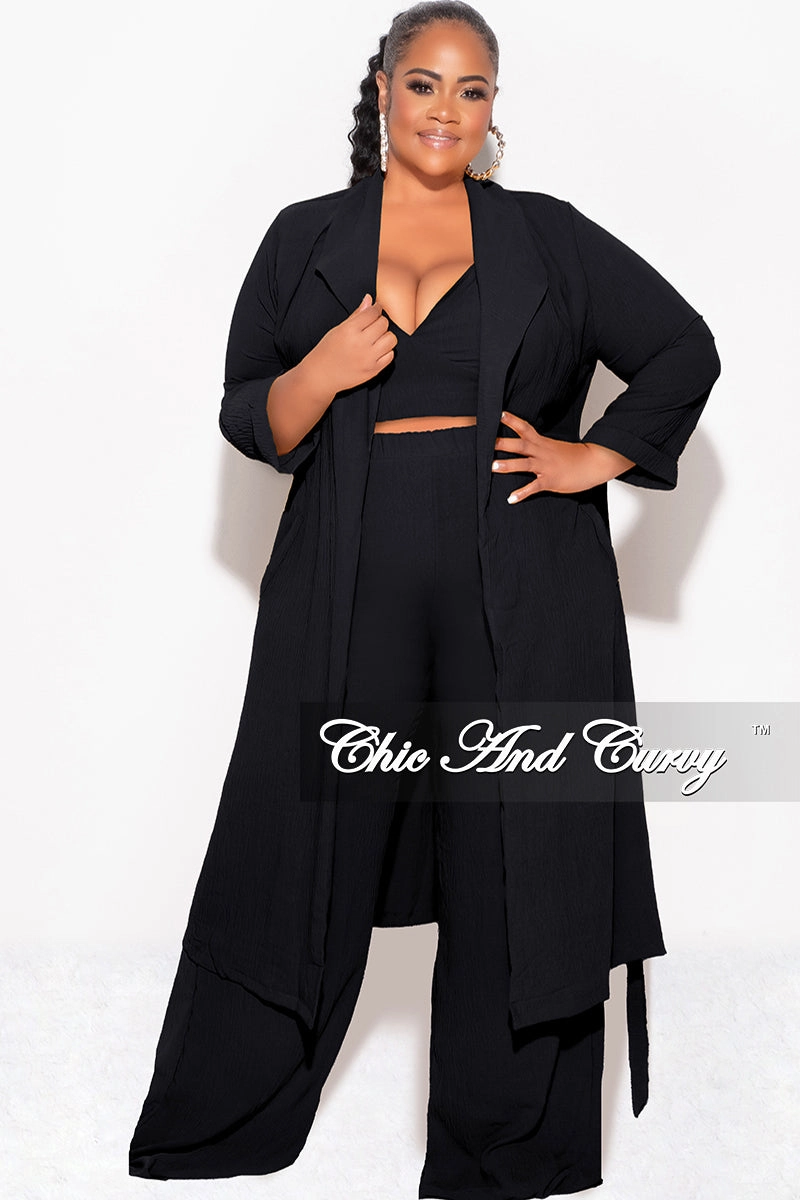 Fit Freedom Final Sale Plus Size 3pc (Duster, Crop Self Tie Top & Pants) Set in Black