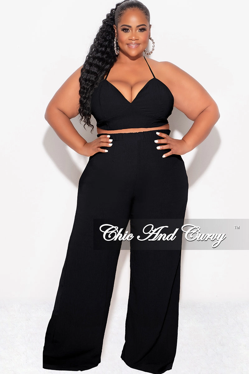 Low Profile Waistband Breathable mesh design Final Sale Plus Size 3pc (Duster, Crop Self Tie Top & Pants) Set in Black