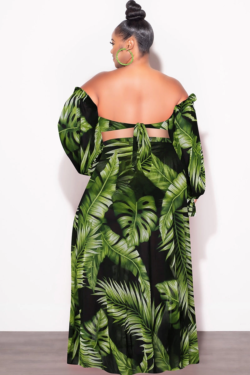 Final Sale Plus Size 3pc Playsuit Set in Navy with Olive Tropical Palm Print TearResistantPanels