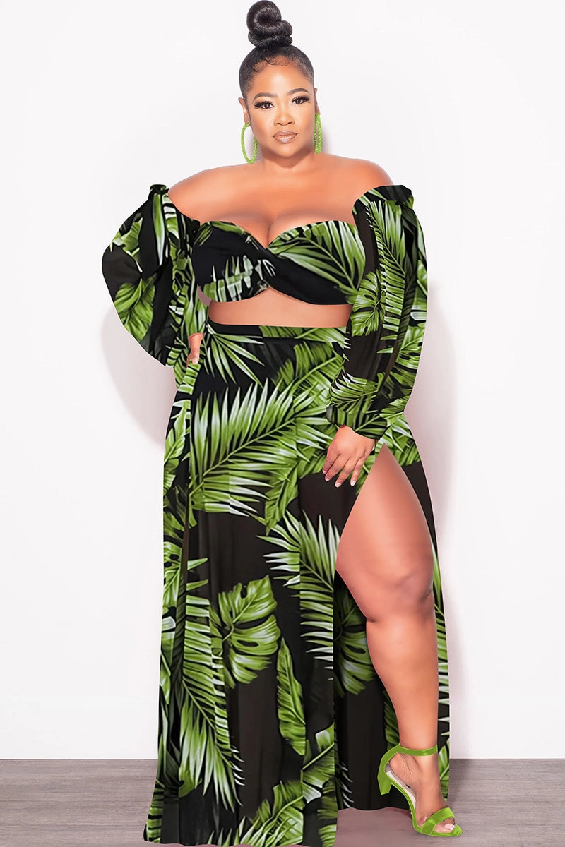 Breathable Layer Fit Final Sale Plus Size 3pc Playsuit Set in Navy with Olive Tropical Palm Print