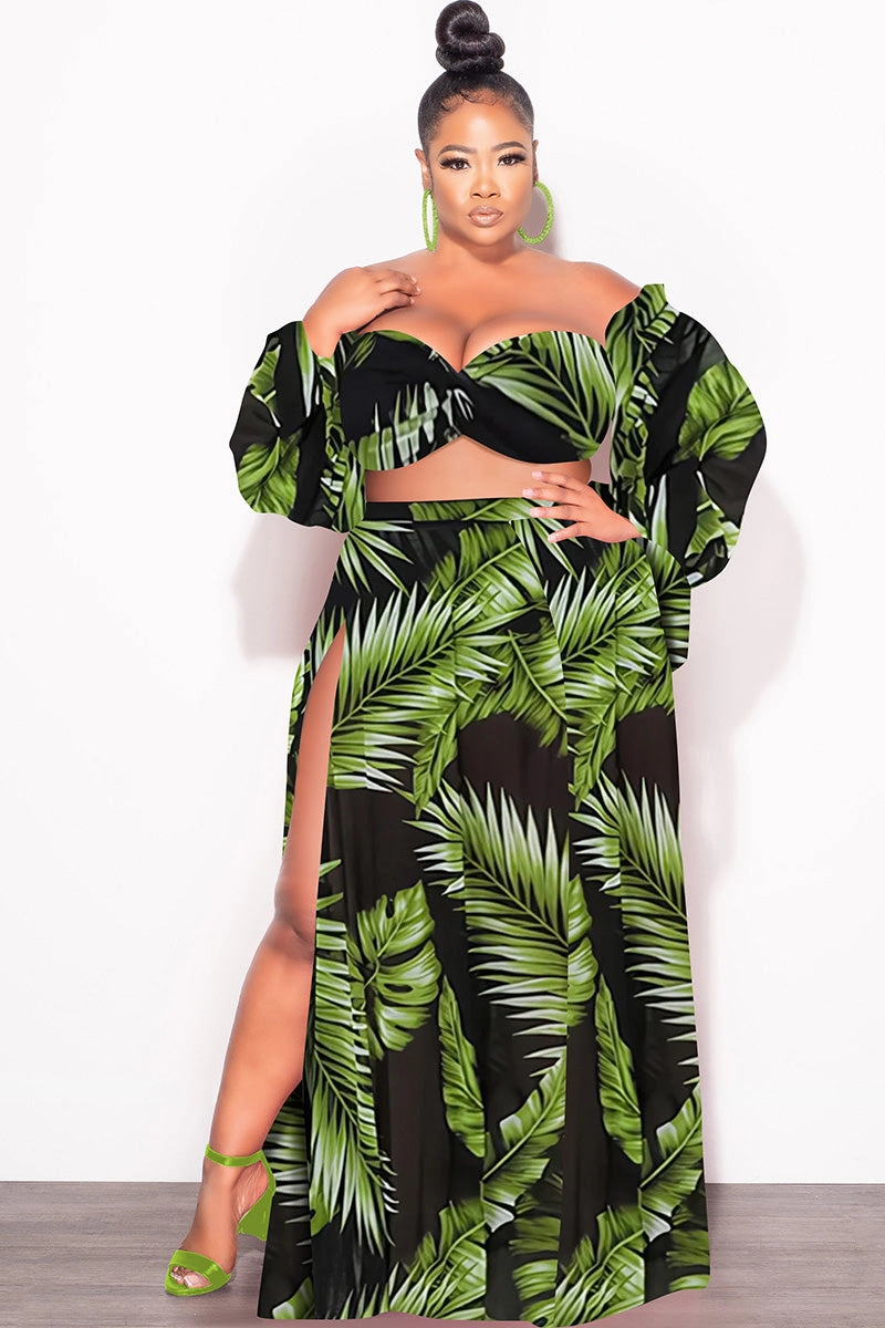 WindResistantMaterial Final Sale Plus Size 3pc Playsuit Set in Navy with Olive Tropical Palm Print
