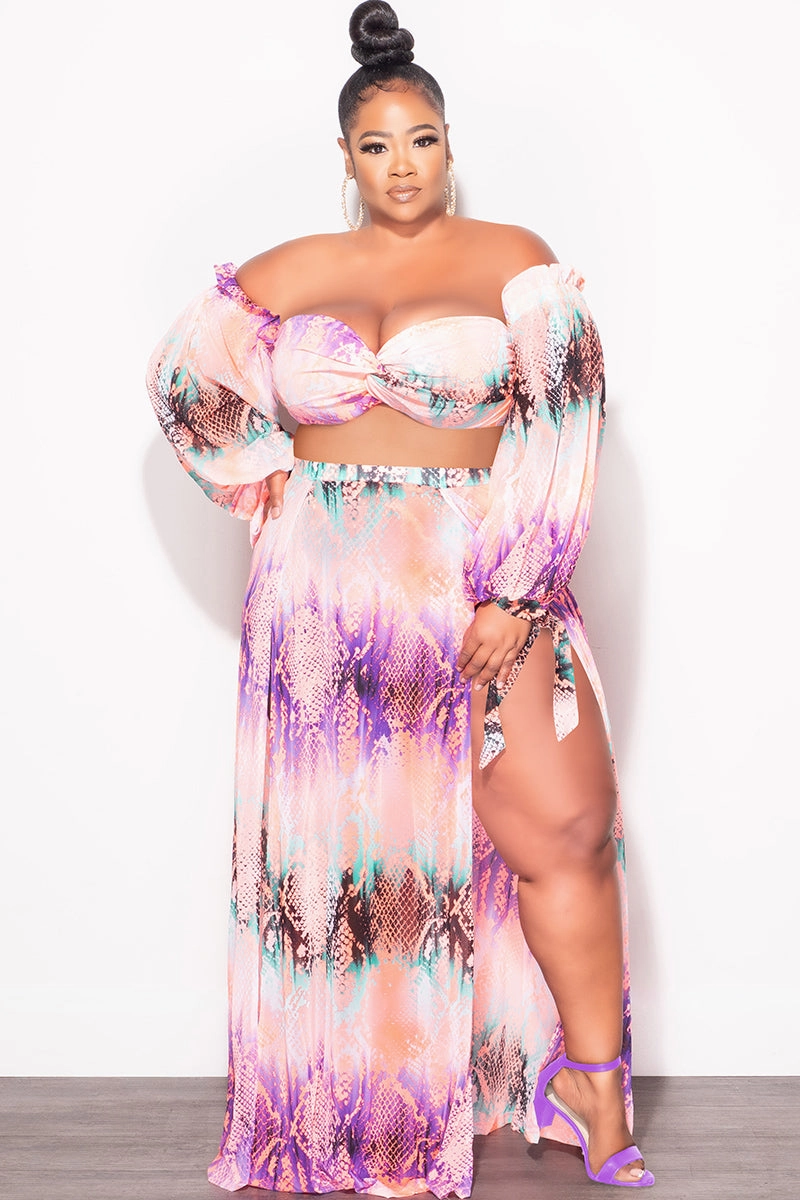 Final Sale Plus Size 3pc Playsuit Set in Pink Multi-Color Snake Print Flex Fit