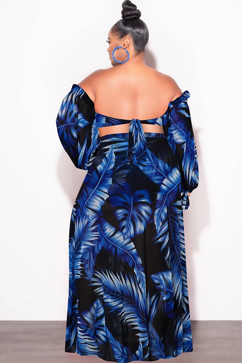 Final Sale Plus Size 3pc Playsuit Set in Royal Blue Tropical Palm Print Comfortable Movement Stretch Flex