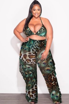 Comfort Fit Wear Odor control Final Sale Plus Size 3pc Poolside Playsuit Set (Top, High Waist Bottoms & Sheer Ruffle Pants) in Mix Animal Print