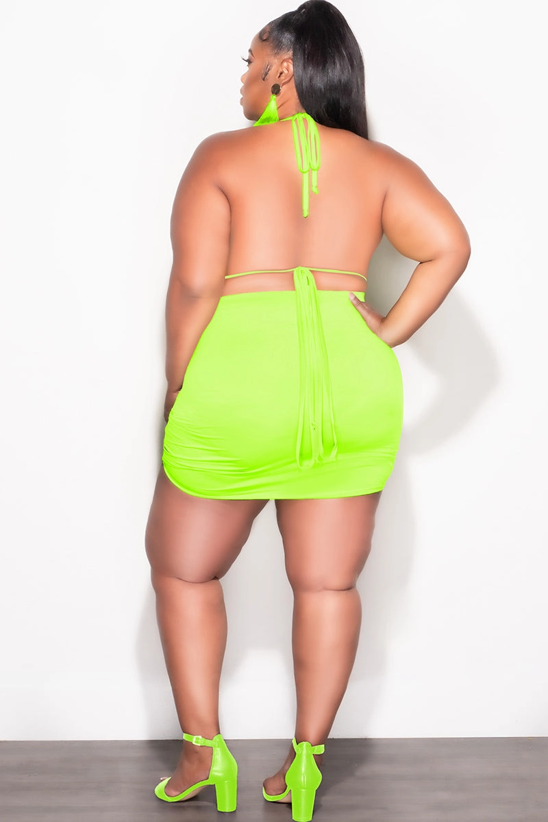 Final Sale Plus Size 3pc Set Bikini Top, Briefs & Ruched Skirt in Neon Green Summer Quality Fabric Smooth zipper closure