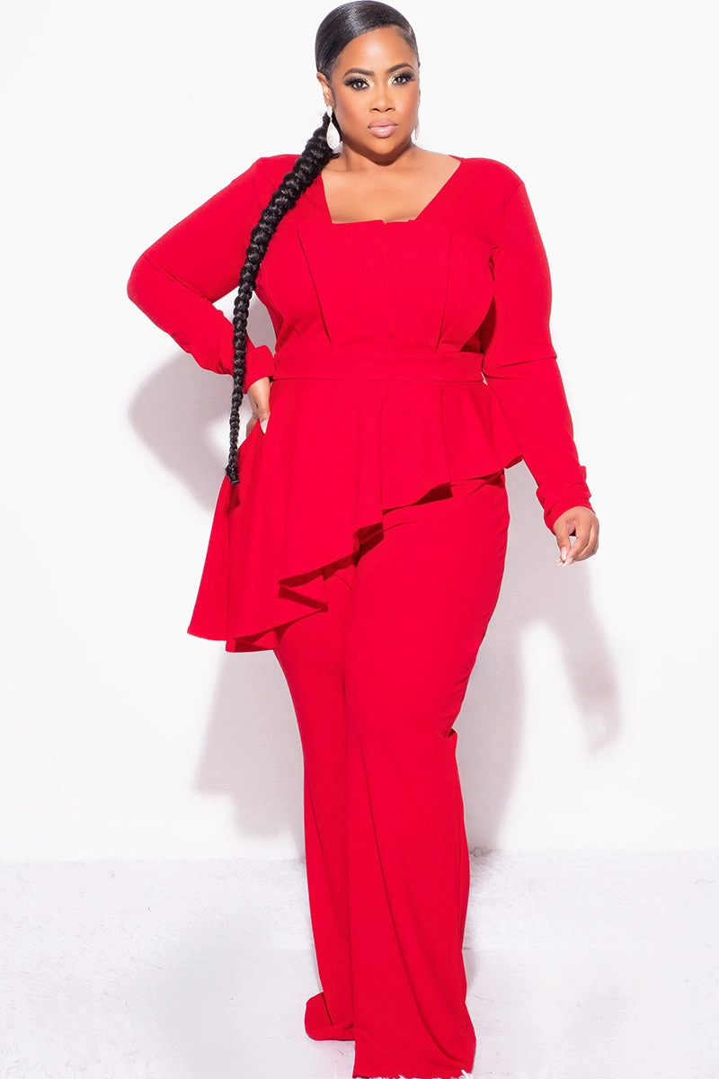 Sustainable Material Blend Final Sale Plus Size Asymmetrical Ruffle Peplum Jumpsuit in Red