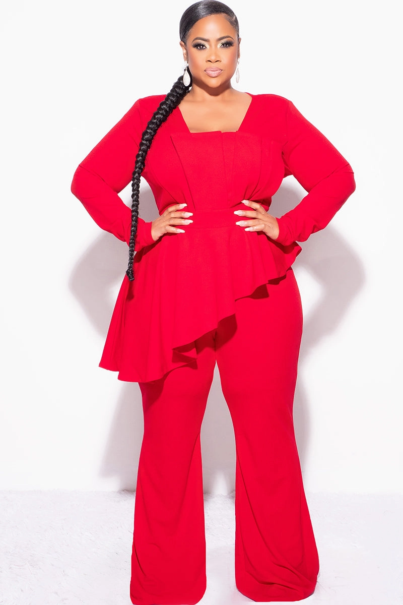 Final Sale Plus Size Asymmetrical Ruffle Peplum Jumpsuit in Red Reflective Safety Accents PolyesterBlend