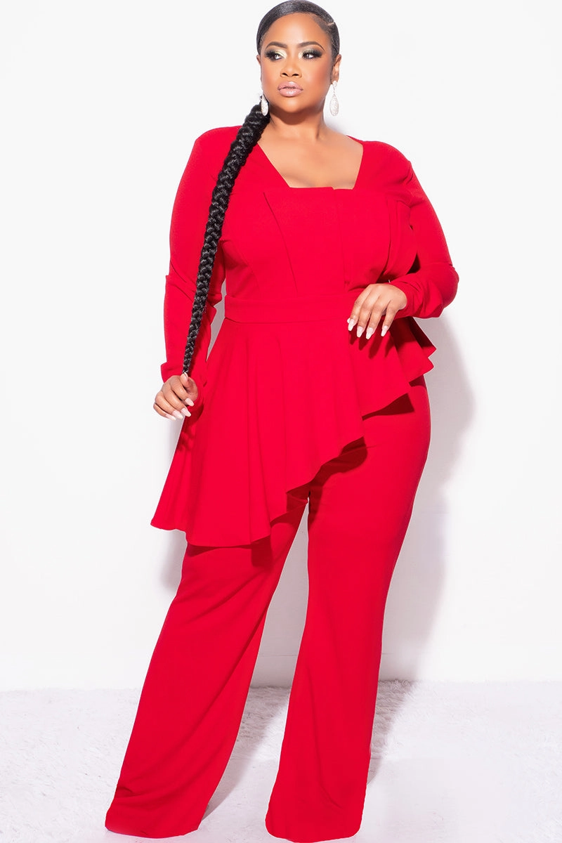 Final Sale Plus Size Asymmetrical Ruffle Peplum Jumpsuit in Red Elegant Cut