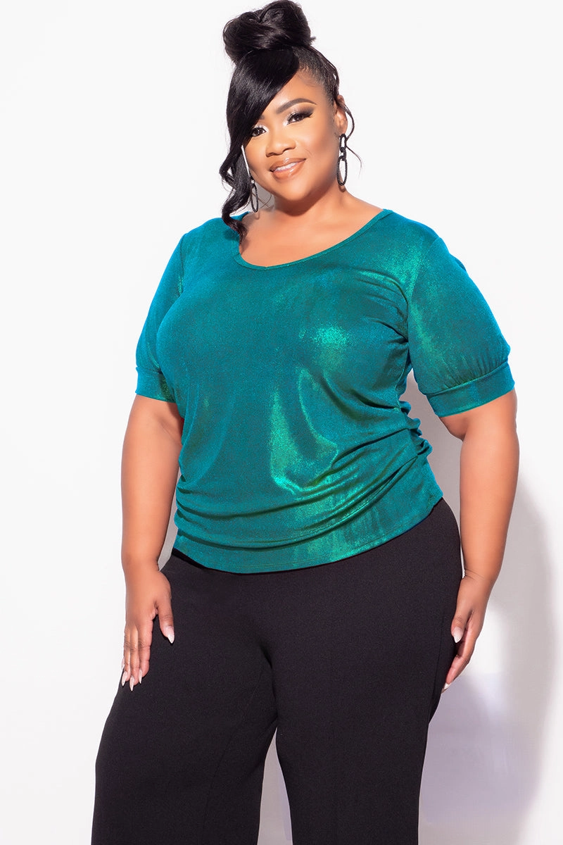 layerable Final Sale Plus Size Blouse in Metallic Hunter Green