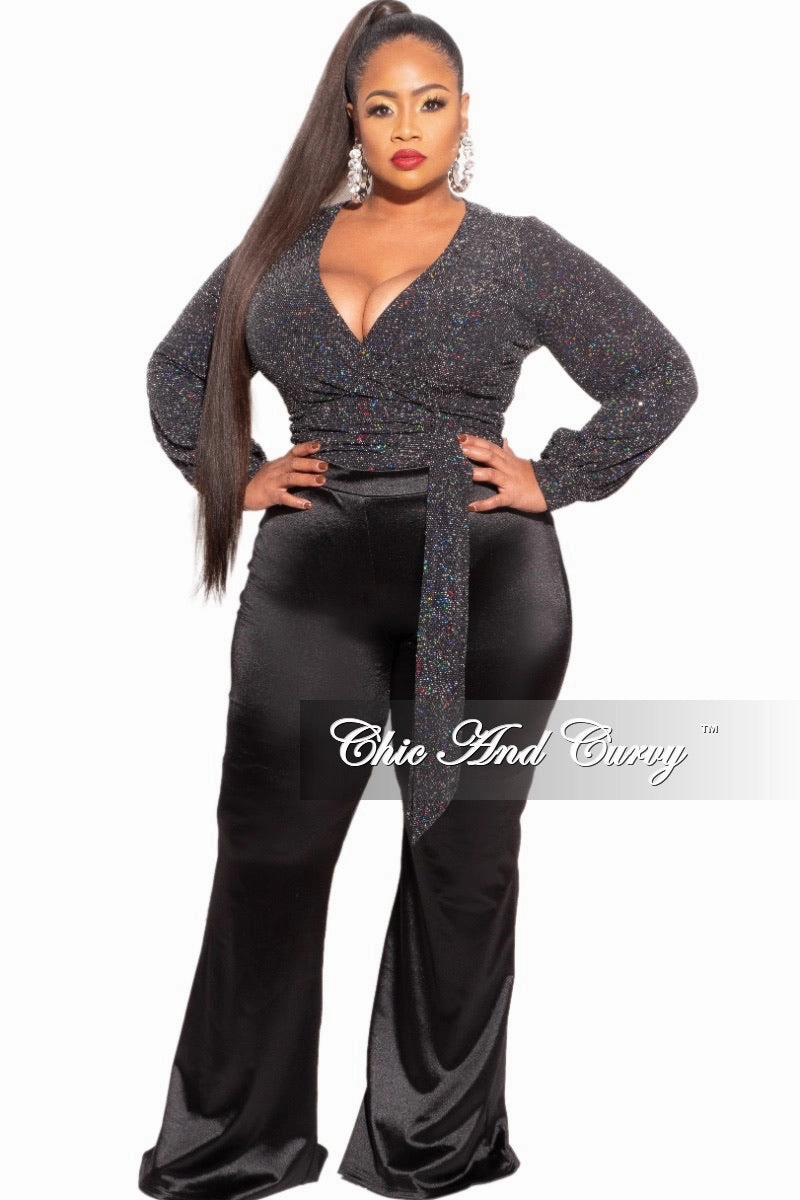 Final Sale Plus Size Bodysuit in Black Iridescent Faux Sequin & Silver Glitter LightweightFabric Wrinkle Resistant Treatment