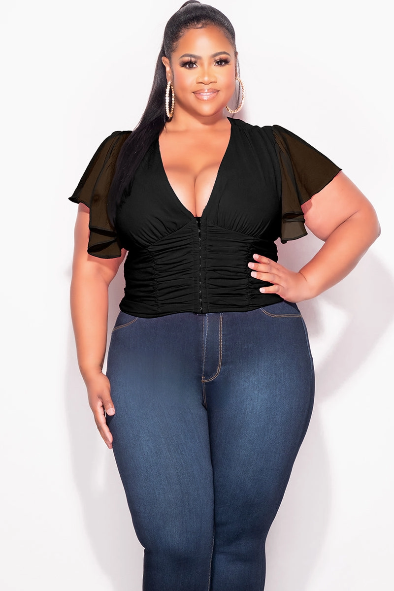 Final Sale Plus Size Chiffon Ruched Corset Blouse with Flutter Sleeves in Black BreathableLining