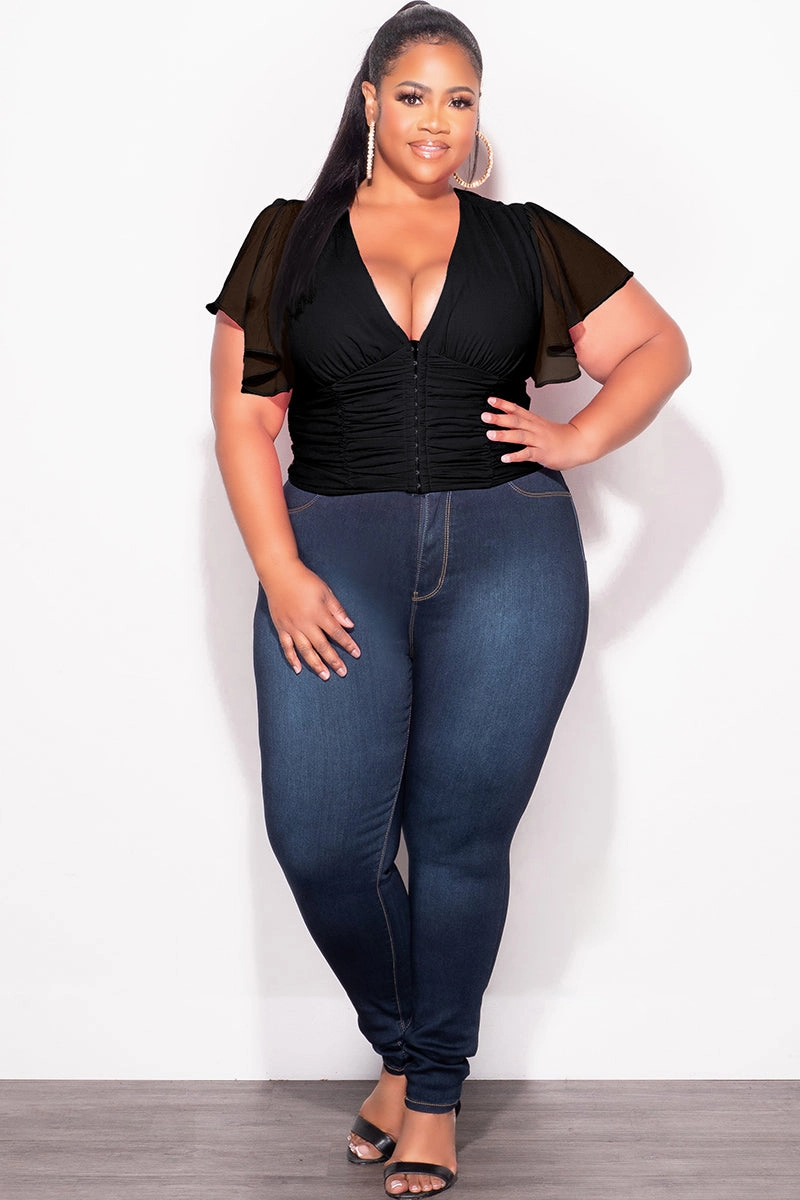 RecyclablePackaging Final Sale Plus Size Chiffon Ruched Corset Blouse with Flutter Sleeves in Black
