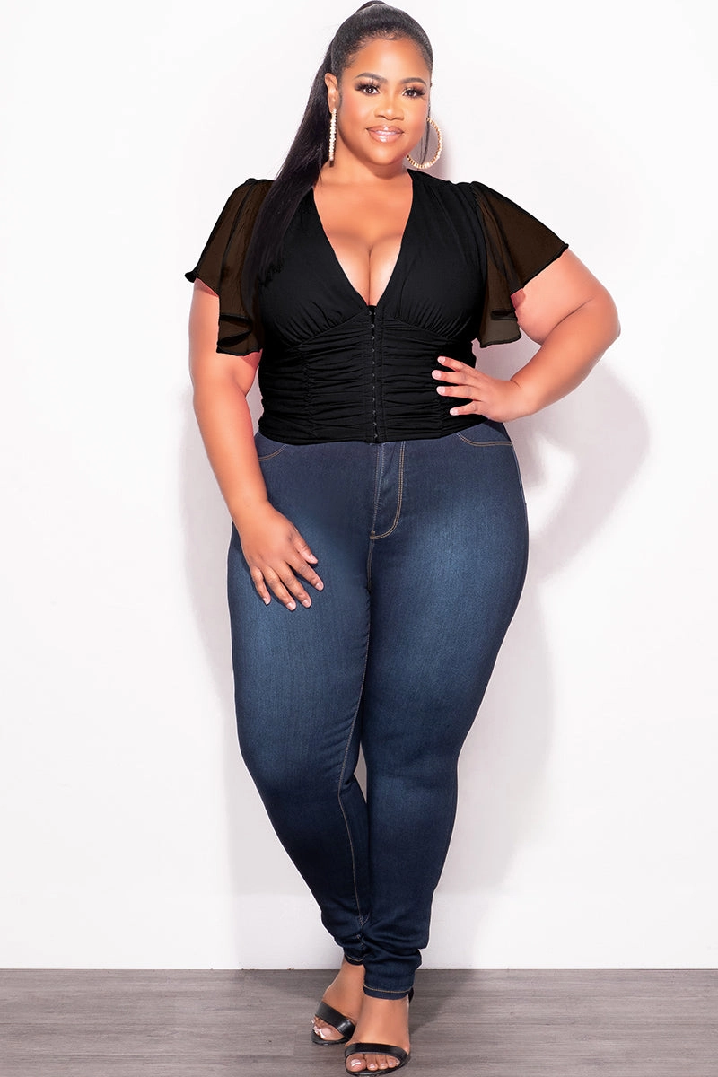 Fashionable Waist Stretch Fit Final Sale Plus Size Chiffon Ruched Corset Blouse with Flutter Sleeves in Black