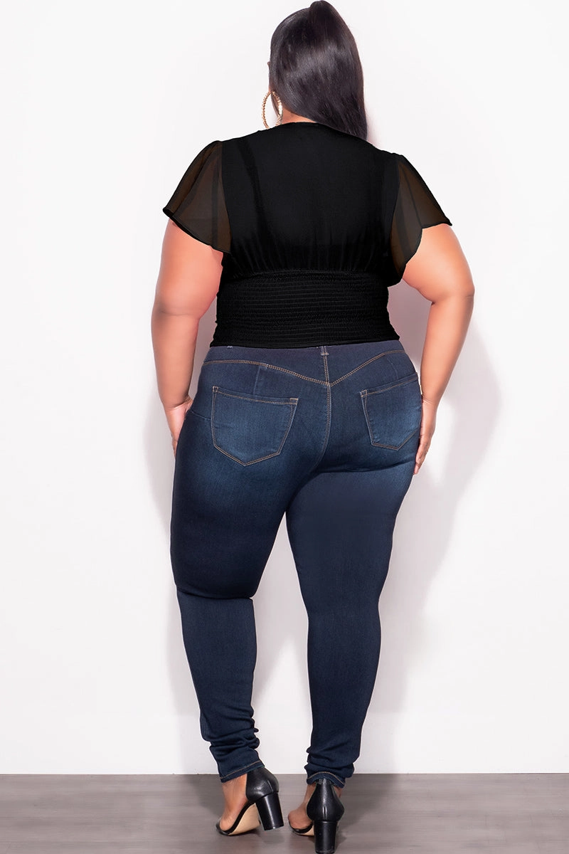 Final Sale Plus Size Chiffon Ruched Corset Blouse with Flutter Sleeves in Black Slim Comfort Minimal Comfort