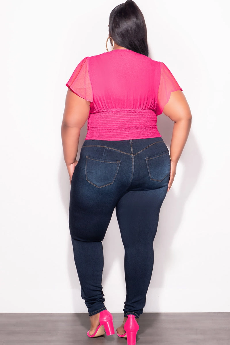 Zip Pocket Final Sale Plus Size Chiffon Ruched Corset Blouse with Flutter Sleeves in Hot Pink