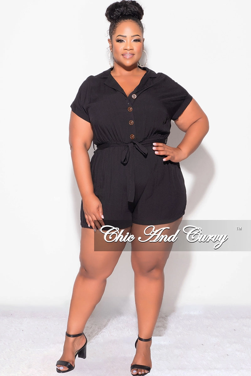 Final Sale Plus Size Collar Button Up Romper in Black Comfort Wearable Minimal Design