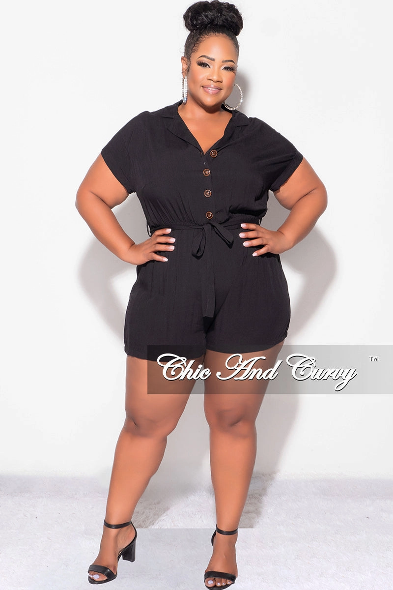Day Ready Sustainable Material Blend Final Sale Plus Size Collar Button Up Romper in Black