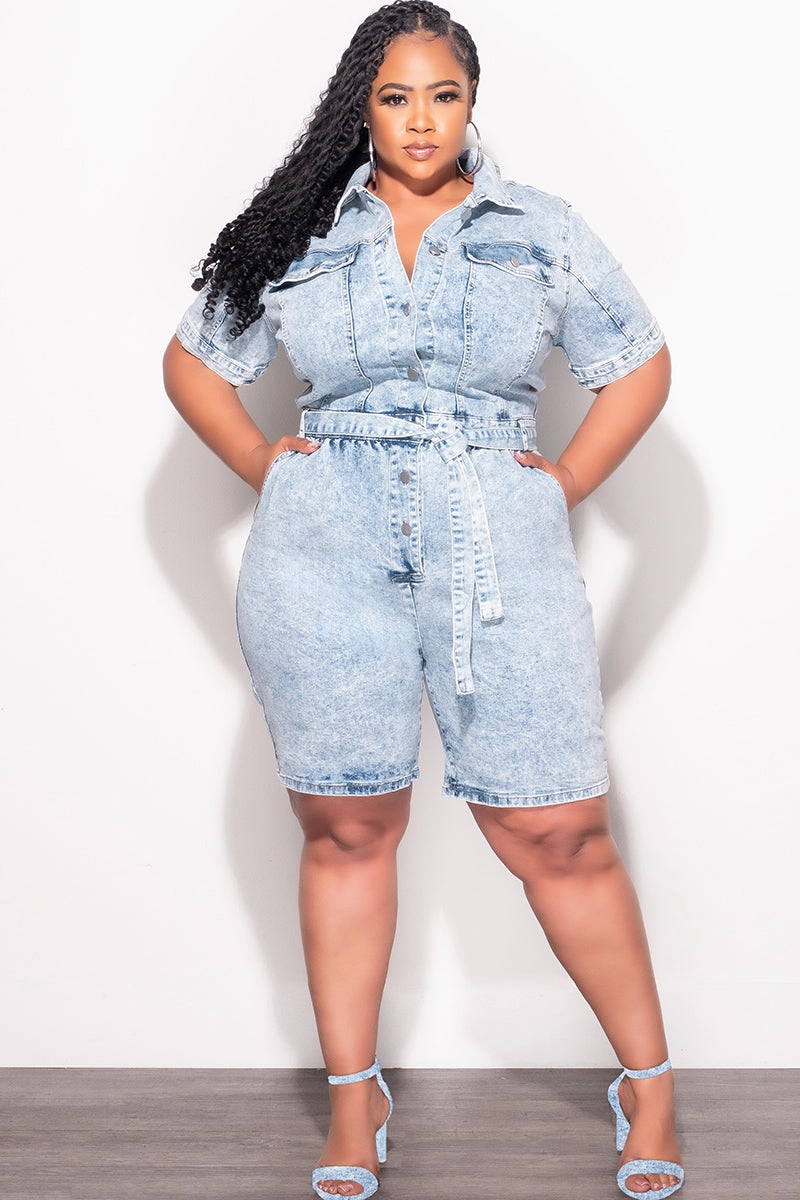 Final Sale Plus Size Collar Button Up Romper in Light Acid Wash LowProfileTopstitching Ready For Action