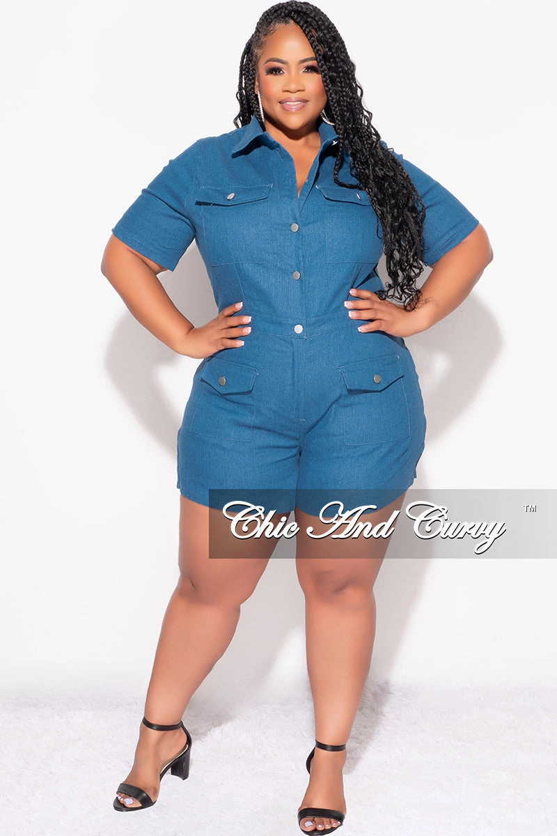 Cozy Lining Lightweight Fabric Final Sale Plus Size Collar Button Up Romper with  in Denim