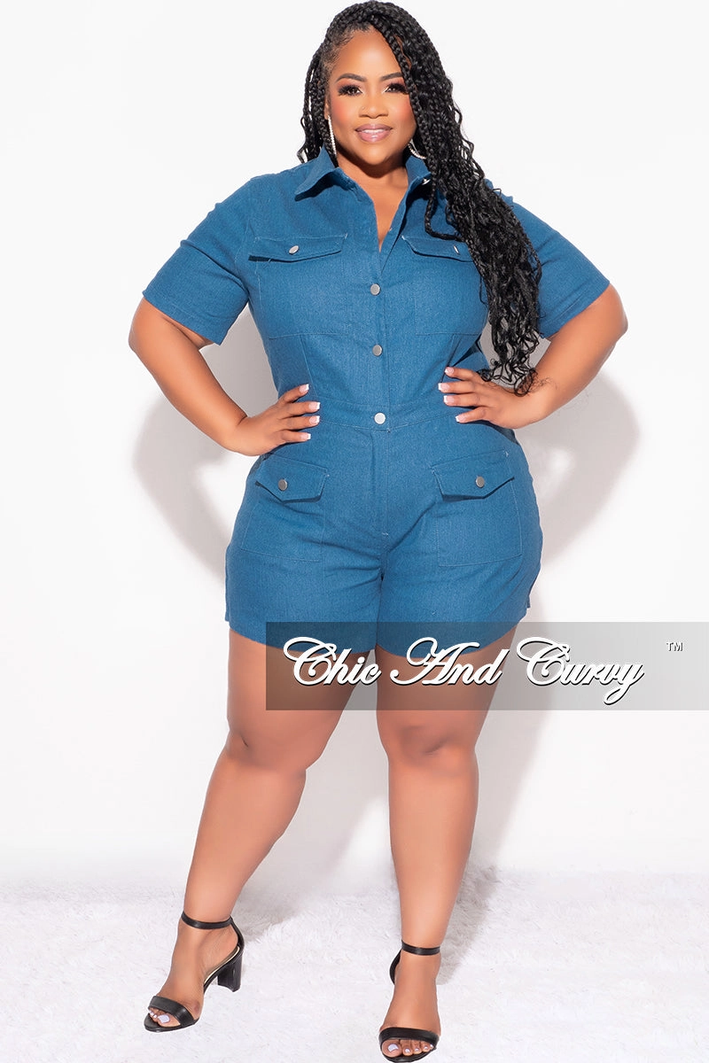 Adaptive Fit Soft Performance Final Sale Plus Size Collar Button Up Romper with  in Denim