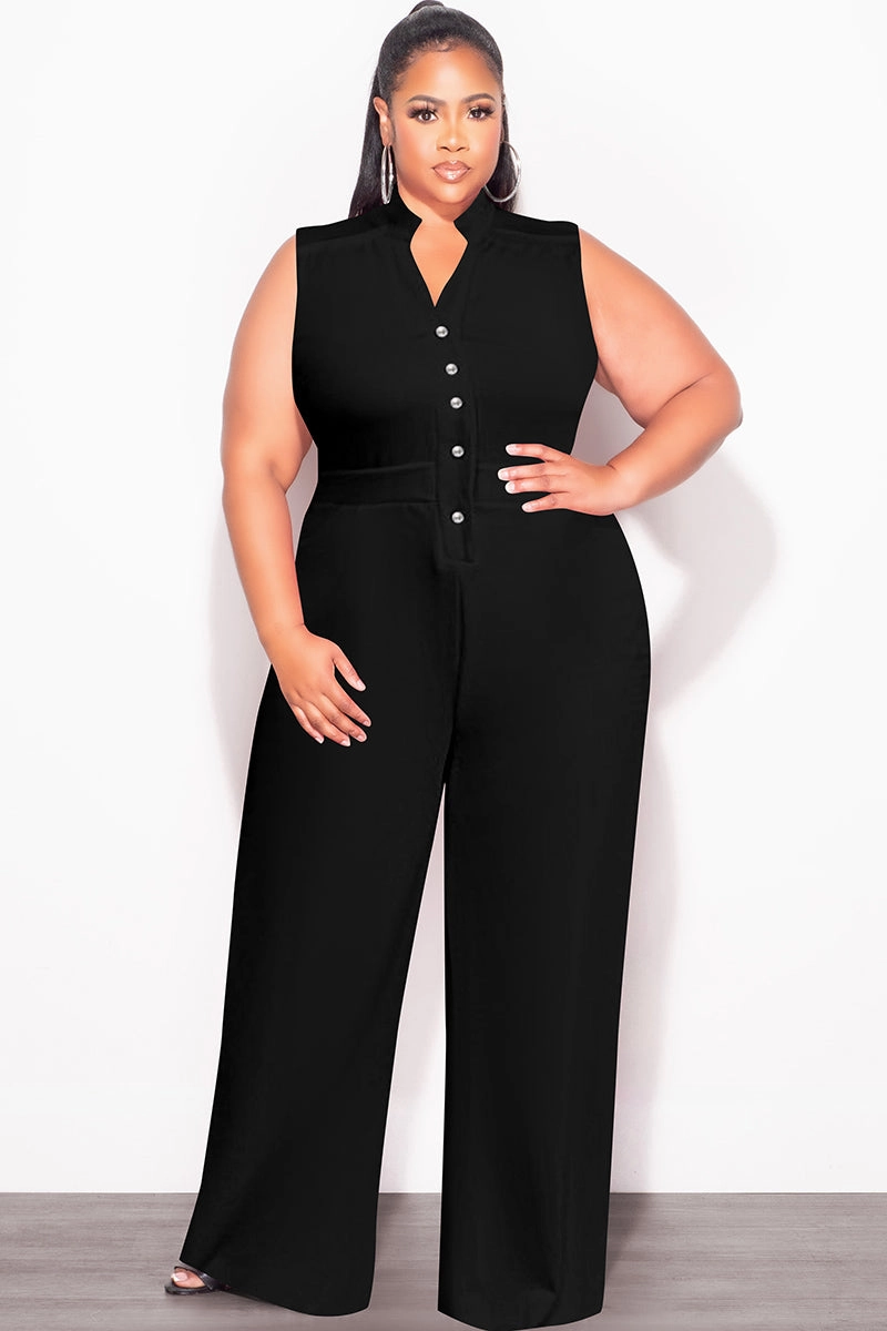 Stretchable Design Final Sale Plus Size Collar Button Up Sleeveless Jumpsuit in Black