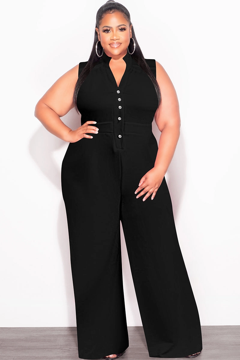 Final Sale Plus Size Collar Button Up Sleeveless Jumpsuit in Black Chic casual