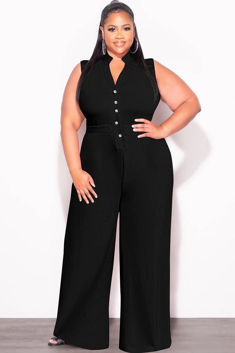 Final Sale Plus Size Collar Button Up Sleeveless Jumpsuit in Black Layer Comfort Slim Fit Wear