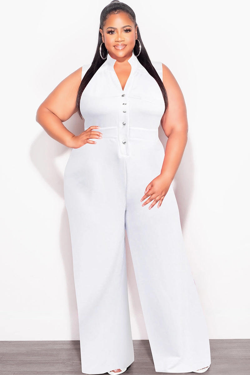Final Sale Plus Size Collar Button Up Sleeveless Jumpsuit in White Durable Material Crisp Design