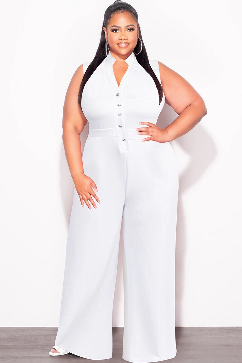 Final Sale Plus Size Collar Button Up Sleeveless Jumpsuit in White Daily Style