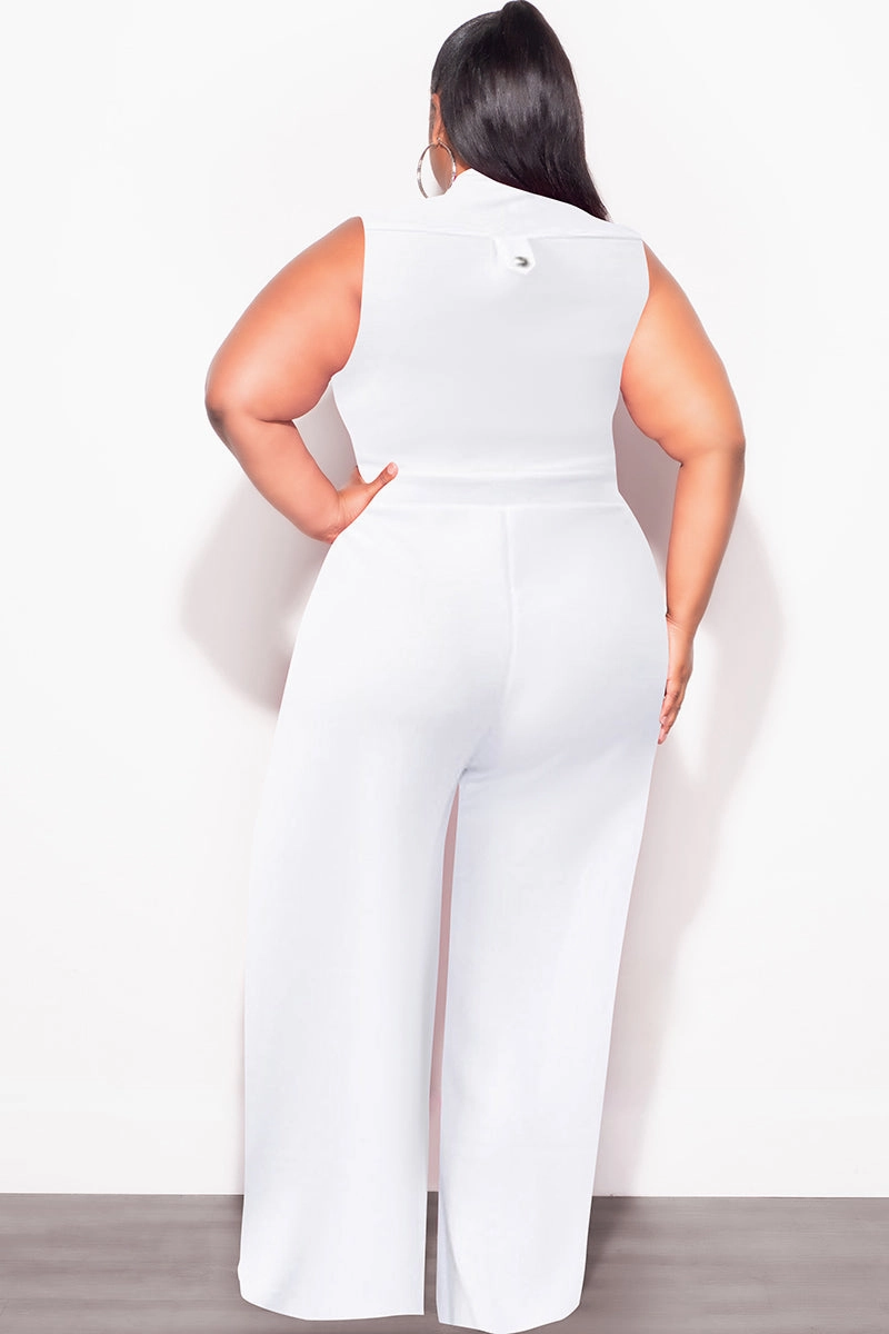 Final Sale Plus Size Collar Button Up Sleeveless Jumpsuit in White Abrasion Resistant Material
